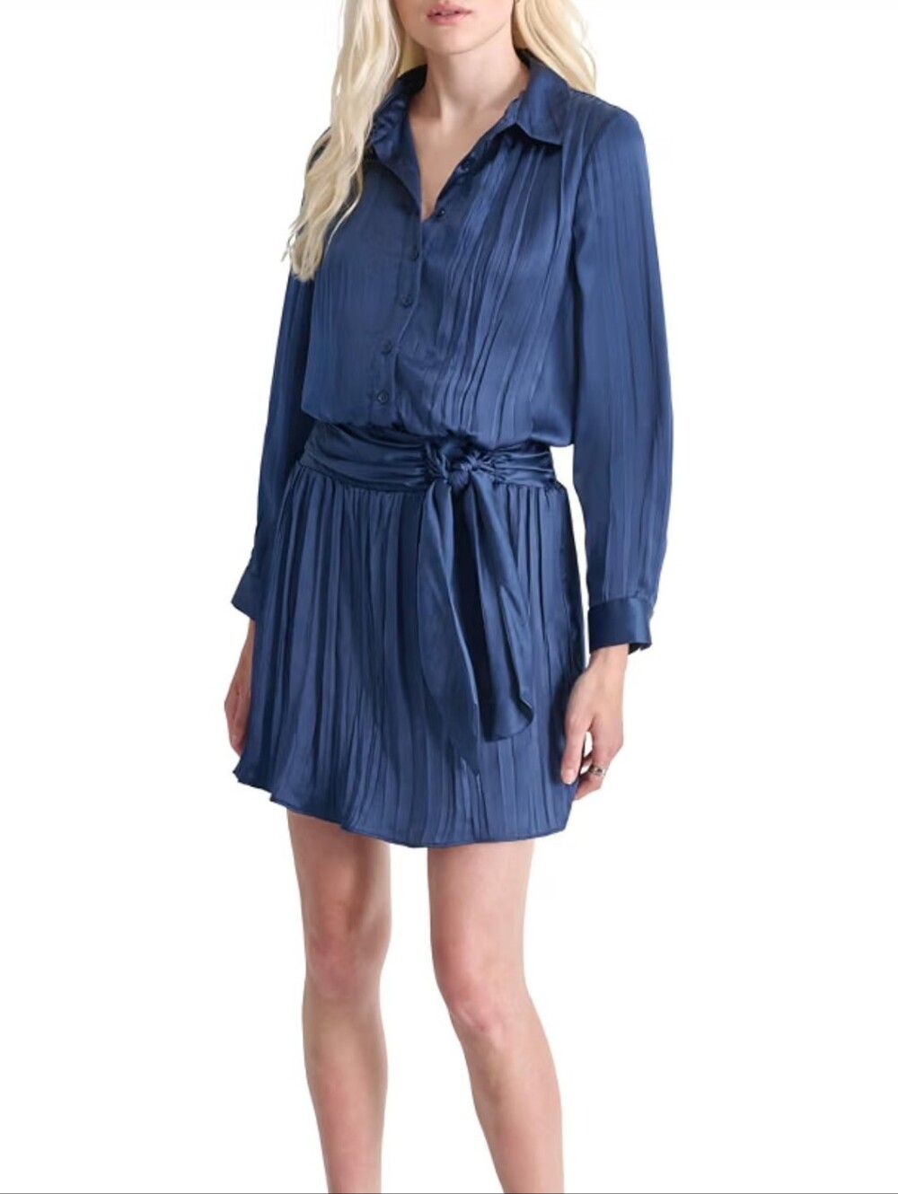 NWT DKNY indigo long sleeved collared mini pleated dress Size 8